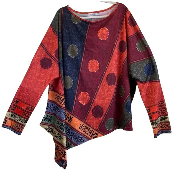 Misslook Womens 2XL Red Colorful Geometric Print Boho Comfort Blouse - Picture 1 of 8